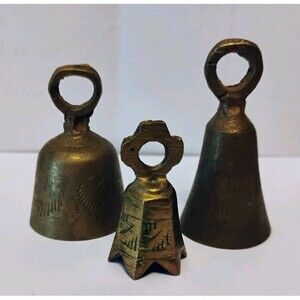 Lot of 3 VTG Brass Hand Bells - ALL RING - Etched Indian Ritual Starter Set